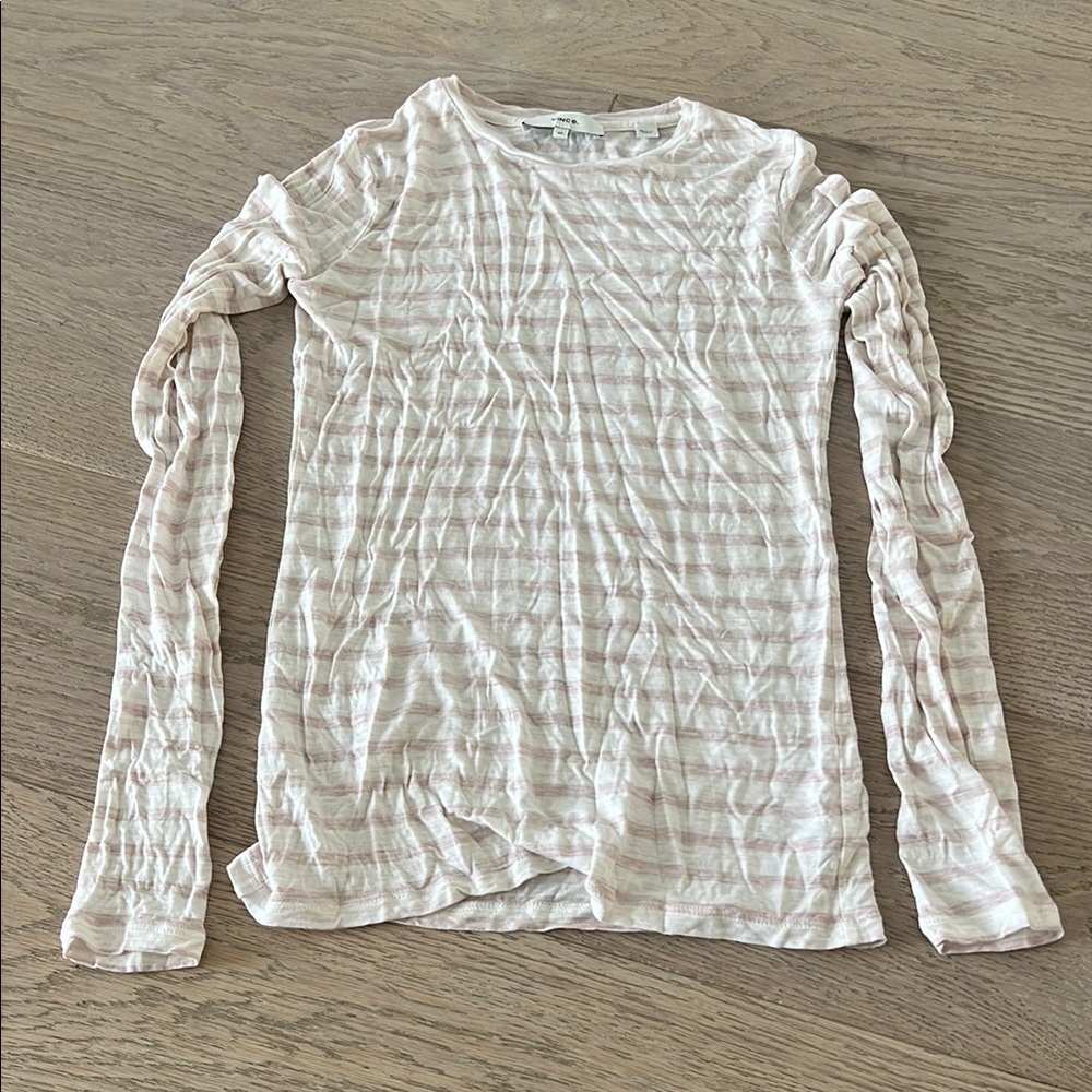 Vince White and Pink Fitted Ribbed Long Sleeve Tee